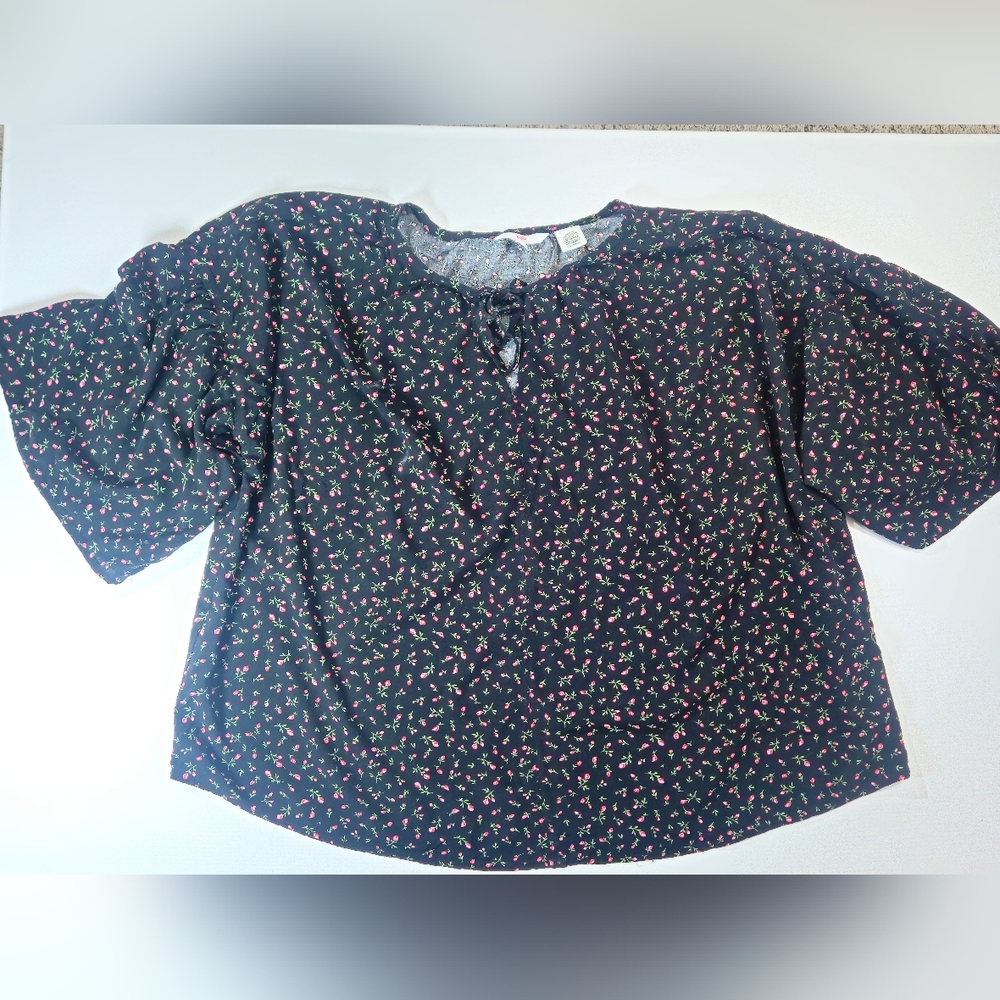 Levis Blouse Womens 3X Black Pink Rose Bud Floral Balloon Sleeve Cottagecore Top